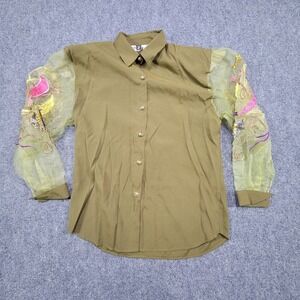 Vintage Club Z Blouse Womens M Olive Green Sheer Floral Sleeve Button Up Top